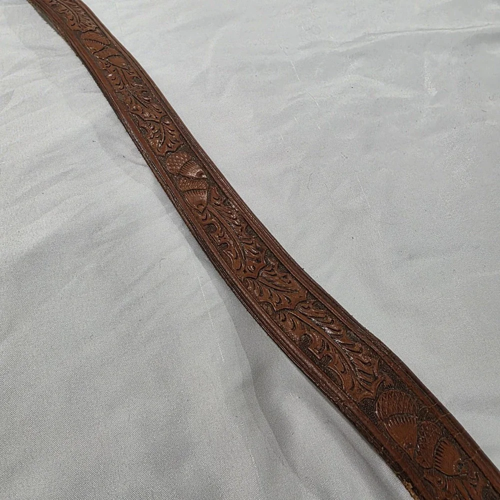 Vintage Mens Tooled Leather Belt 37‎ Inches Brown Leaves Acorns Outdoor Western